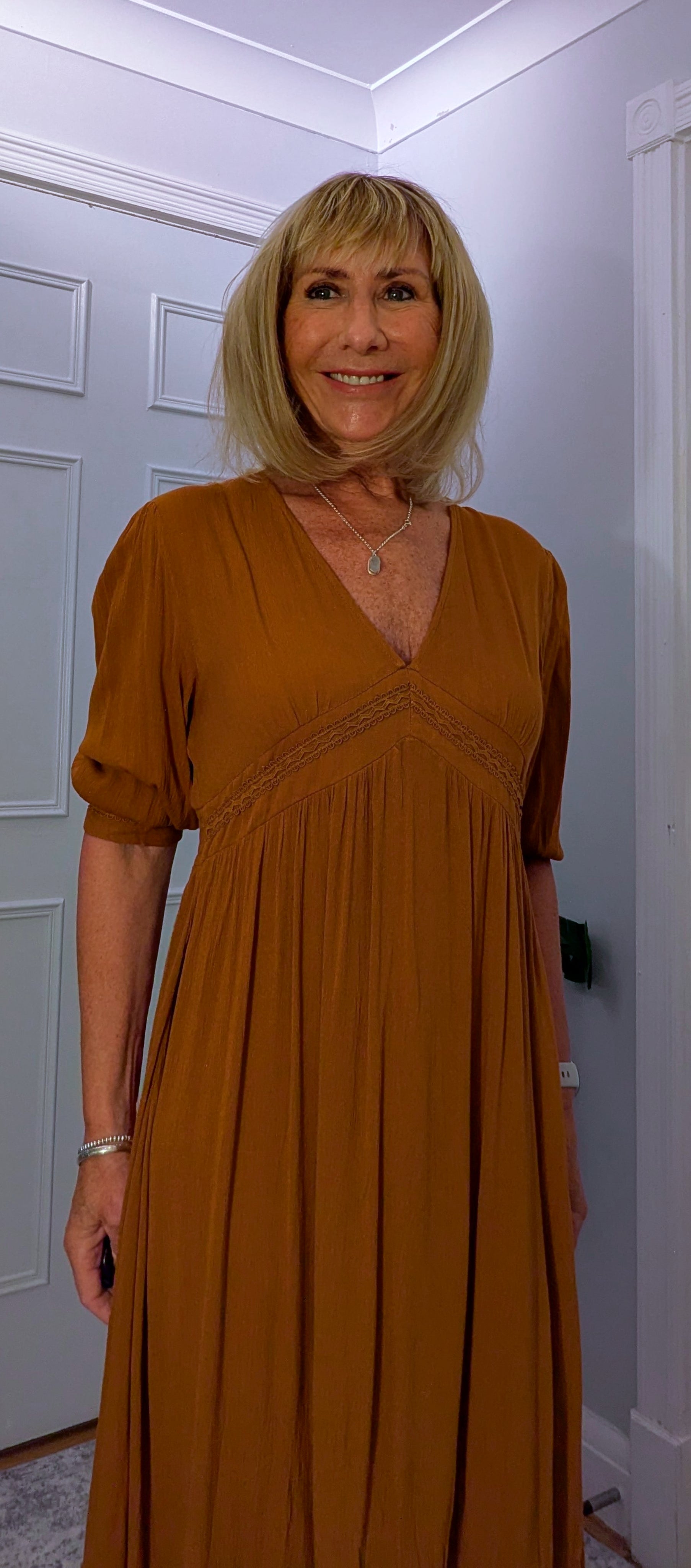 Paloma Prairie Smock Dress In Rust  Cotton with Embroidery Detail