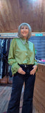 Emery Satin blouse with Pearl Collar and Floral Lace Green