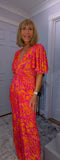Justina Tropical Green - Fuchsia -Angel Sleeve Maxi Jumpsuit with Twist Detail