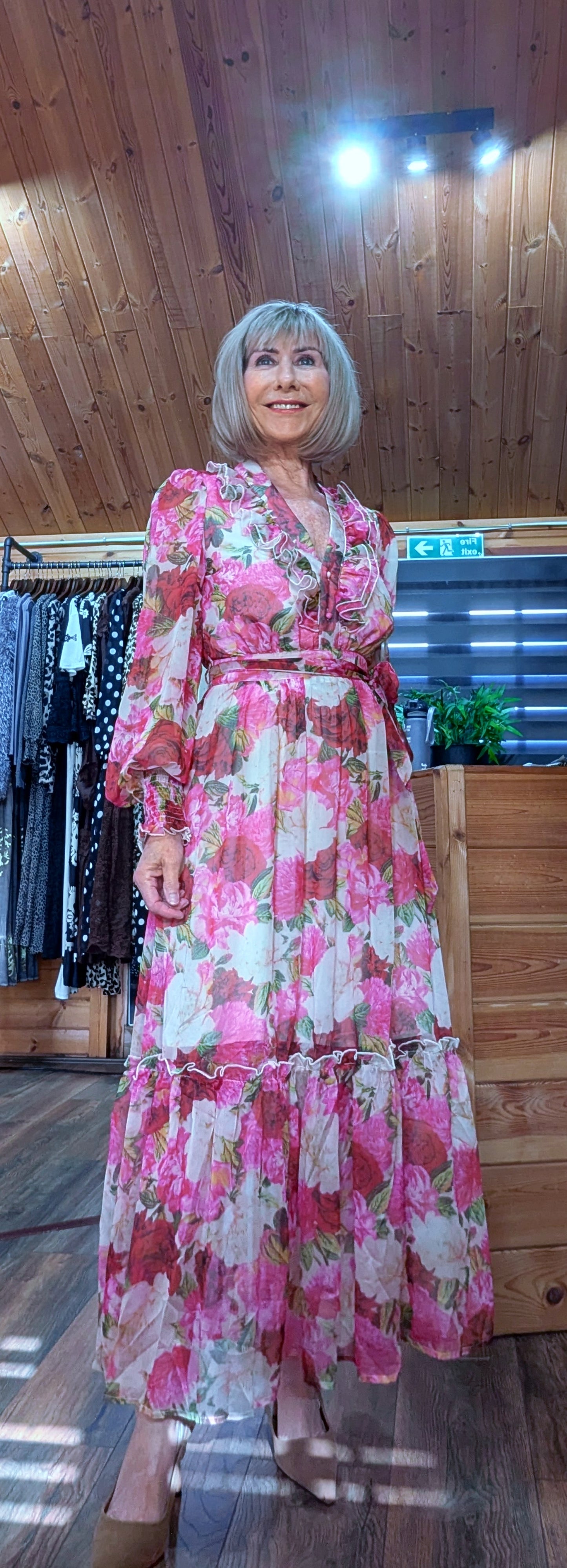 Luna Floral Crepe Maxi Dress in Pink- Green with Frill V-Neck