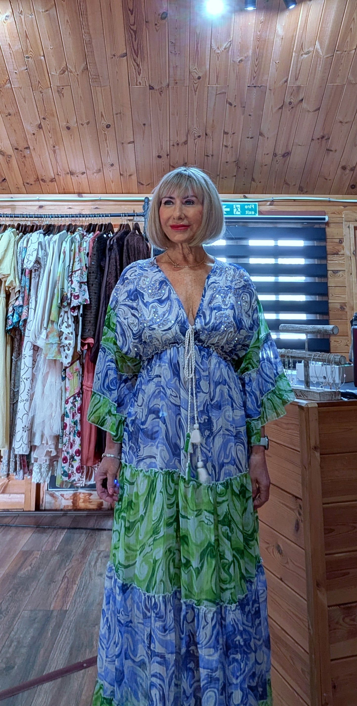 Front view Lyla Bohemian Maxi Dress Green and Blue - Sequins and Tassels