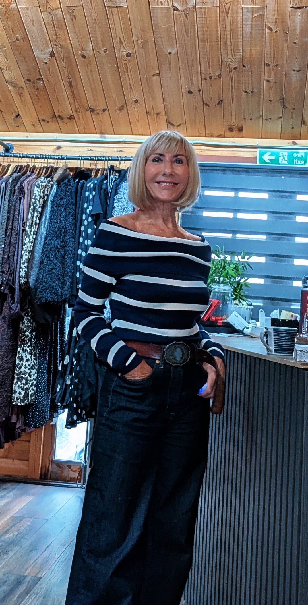 Navy stripe Bardot jumper top with long sleeves