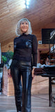 Marla Sheer Fitted Top – Faux Leather Bust Panel - High Neck- Black or Chocolate