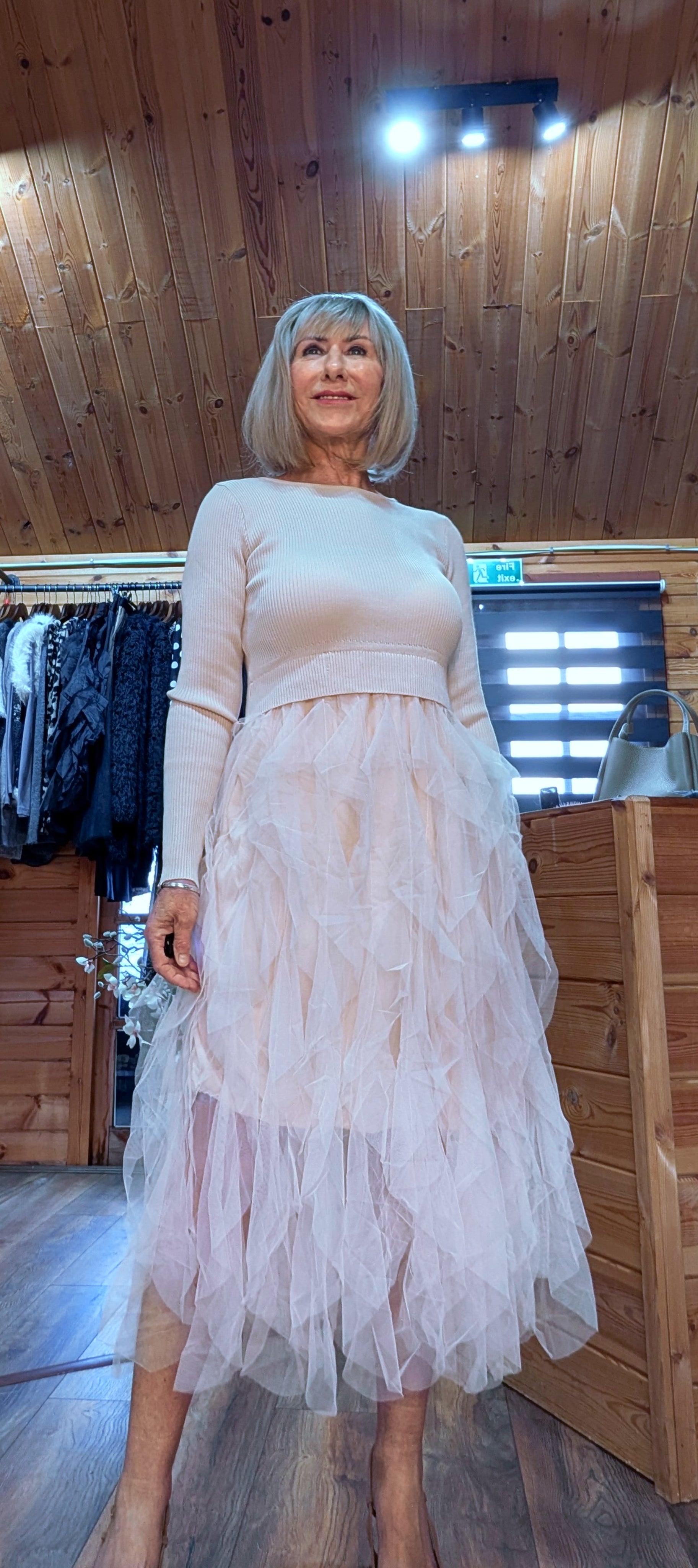 Storm Tulle Dress  with Waterfall Tutu Skirt in Taupe Long sleeves