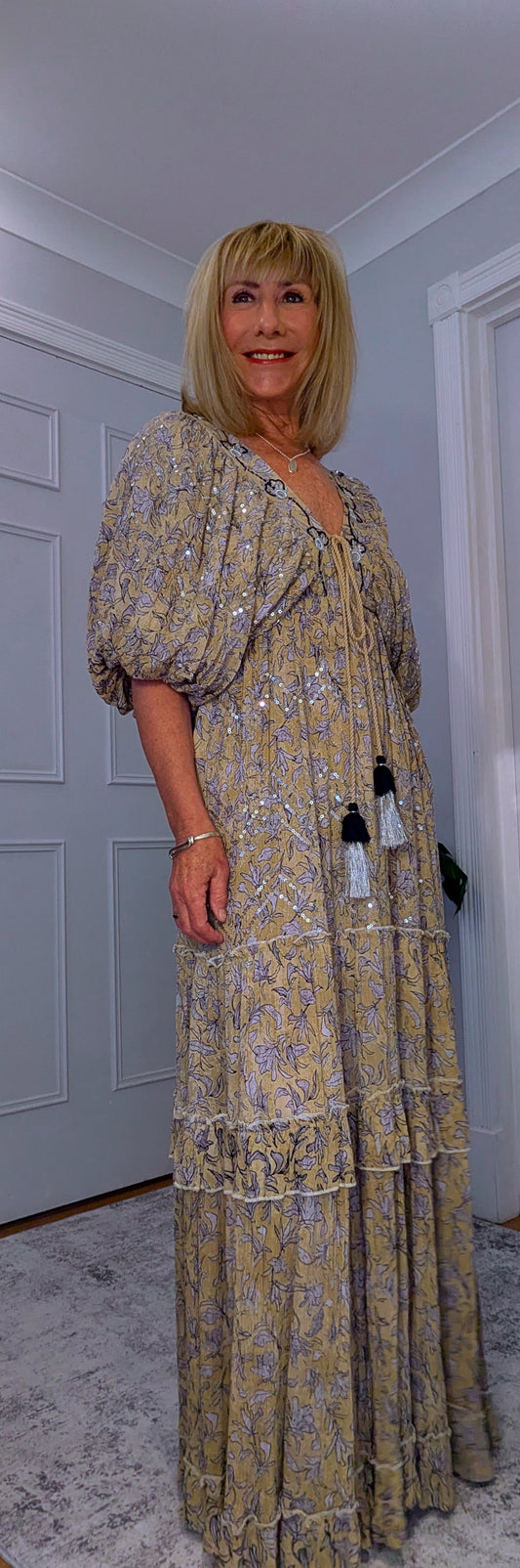 Delphi Embroidery Boho  Maxi Dress In Ecru  with Tassel Ties and Sequins