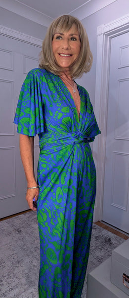 Justina Tropical Green - Fuchsia -Angel Sleeve Maxi Jumpsuit with Twist Detail