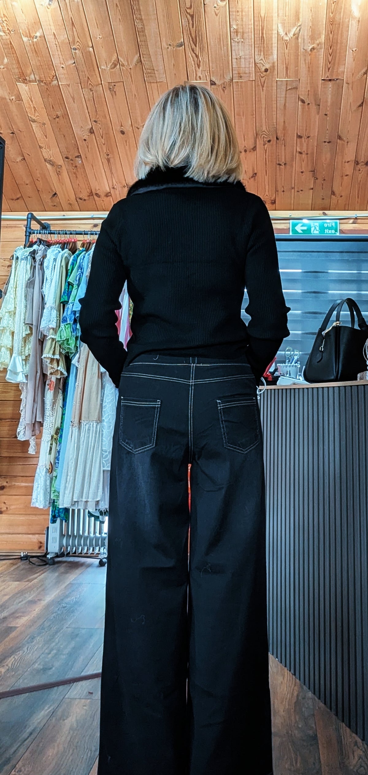 Women’s Fenella stretchy black wide leg jeans rear view
