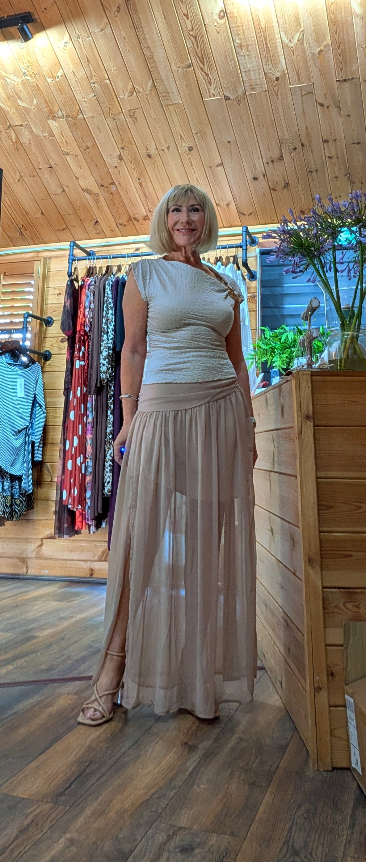 Full view of Tonia Boho Draped Waist Skirt lined to the knee with front split and side zip