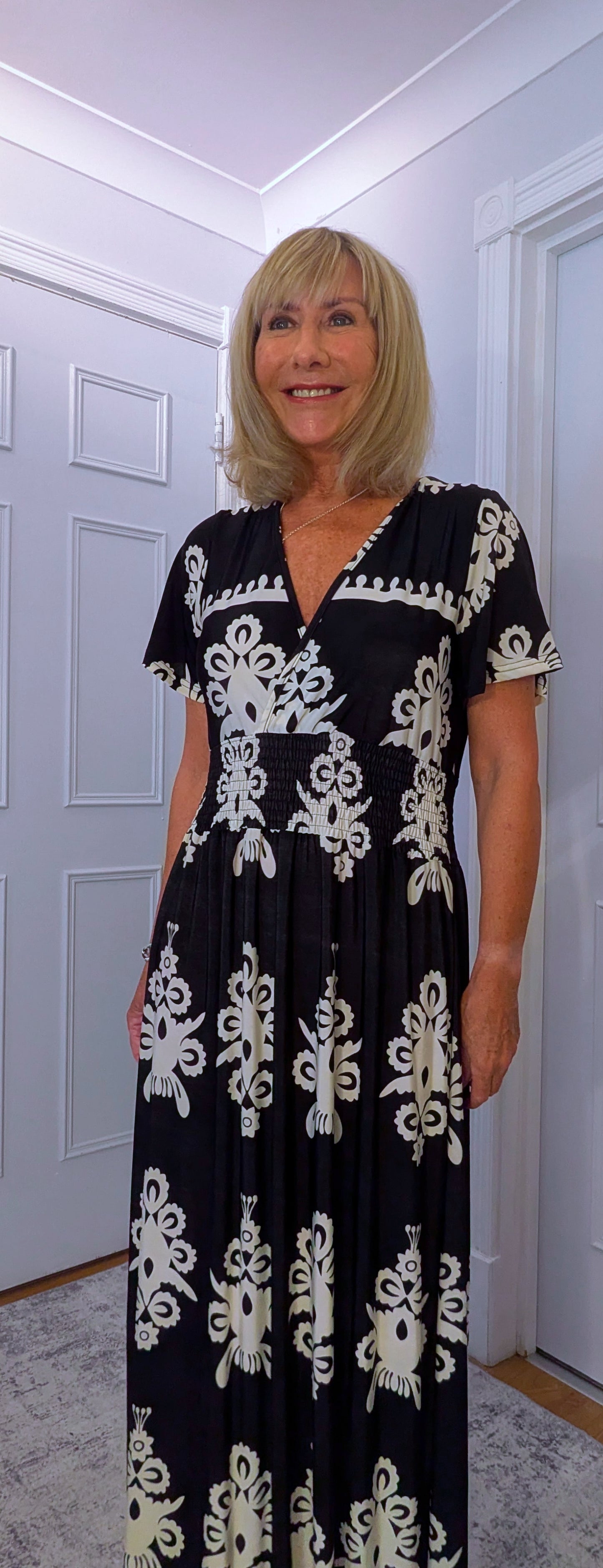 Elissa Dress Soft Jersey in  Bold Print With Shirred Waist Black