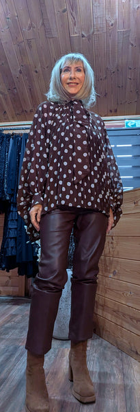 Phoebe Brown & White Polka Dot Blouse – Tie Neck & Balloon Sleeves