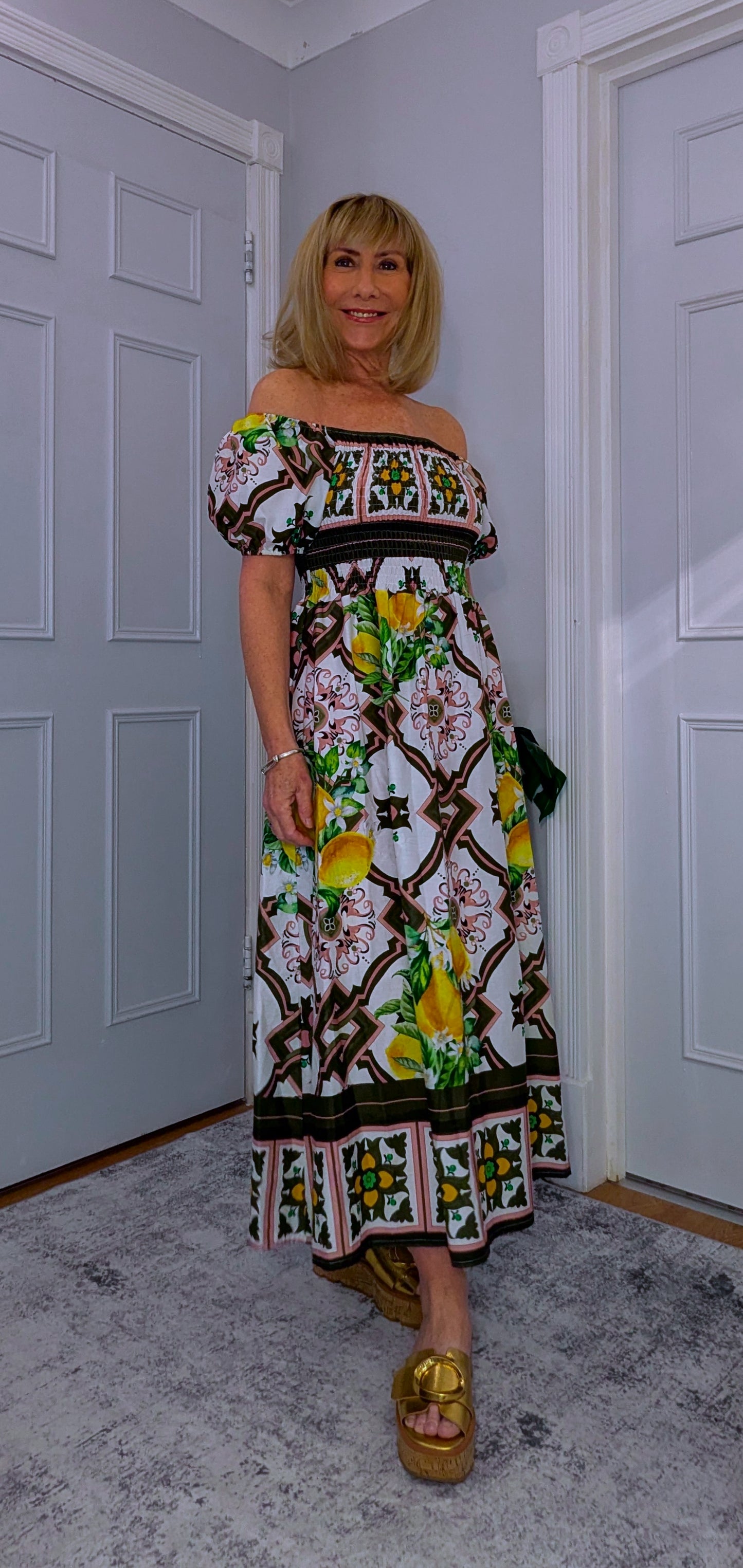 Blossom Bold Print Shirred Dresses On or Off Shoulder Green