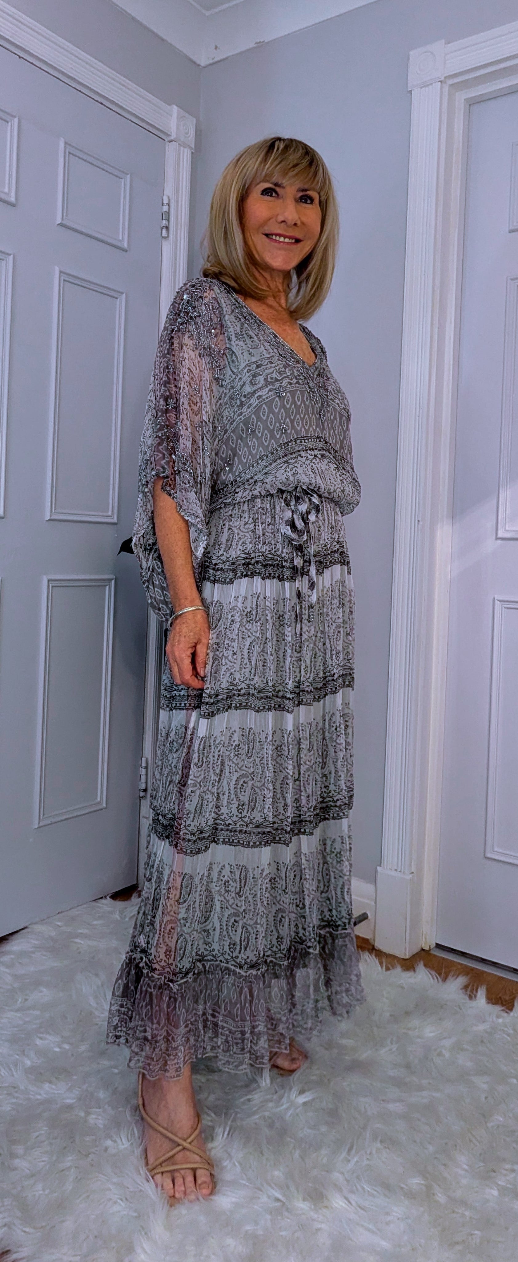 Tatiana Silver Beaded and Embroidery Statement  Summer Dress