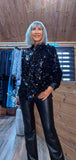 Shania Black Sequin Blouse – Satin Collar & Cuffs