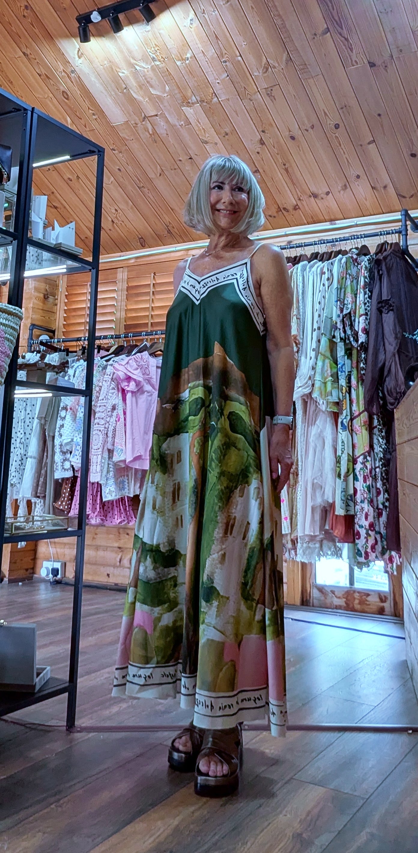 Nola Artistic Print Maxi Dress in olive green with bold print and thin straps