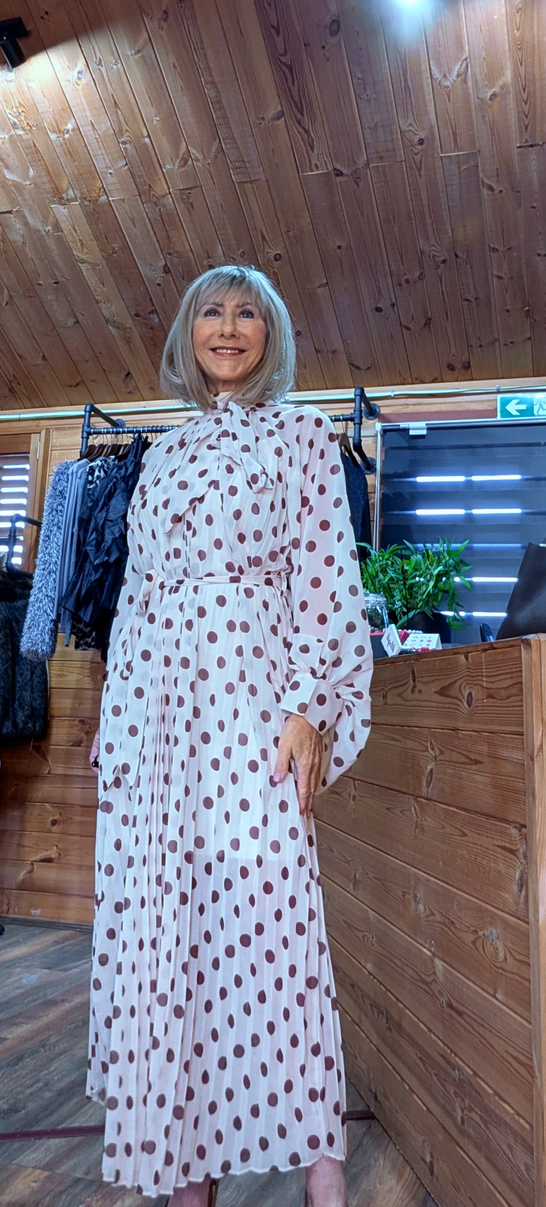 Natalya Ivory Polka Dot Pleated Dress Elegant Long Sleeve Occasion Dress