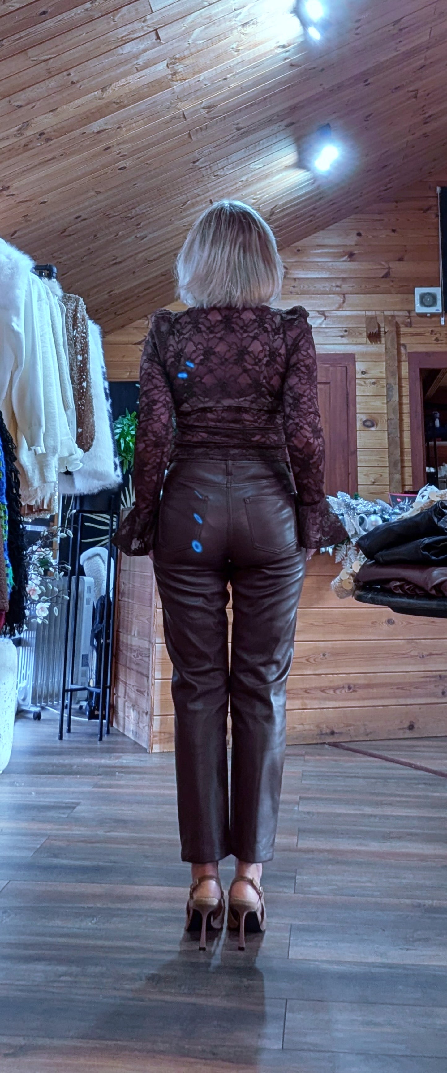 Rear view of Lace chocolate crop top