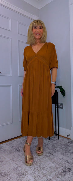 Paloma Prairie Smock Dress – Camel Cotton with Embroidery Detail