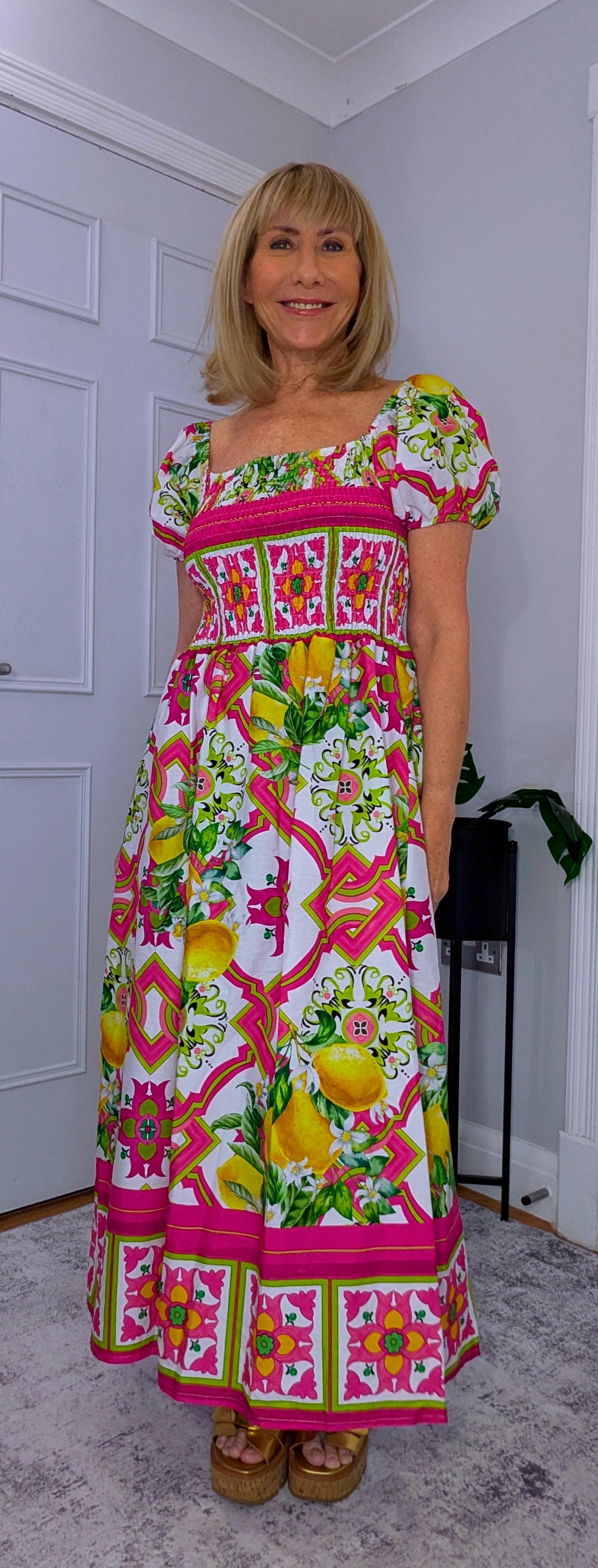 Blossom Bold Print Shirred Dresses On or Off Shoulder Red