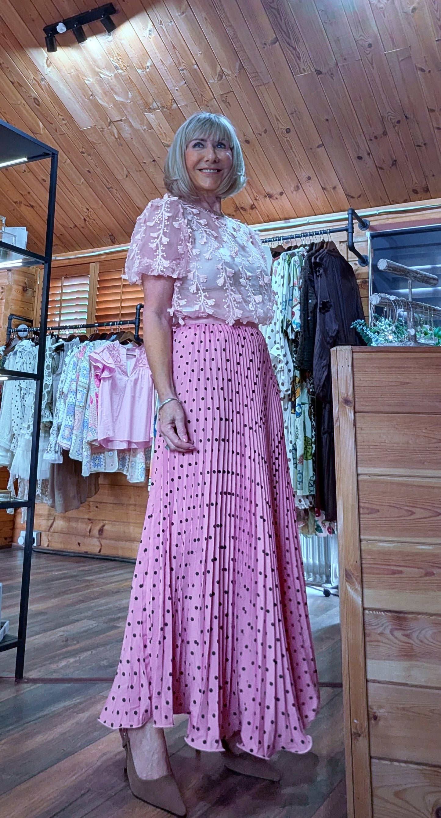 Floaty pleated midi skirt with polka dot print close up