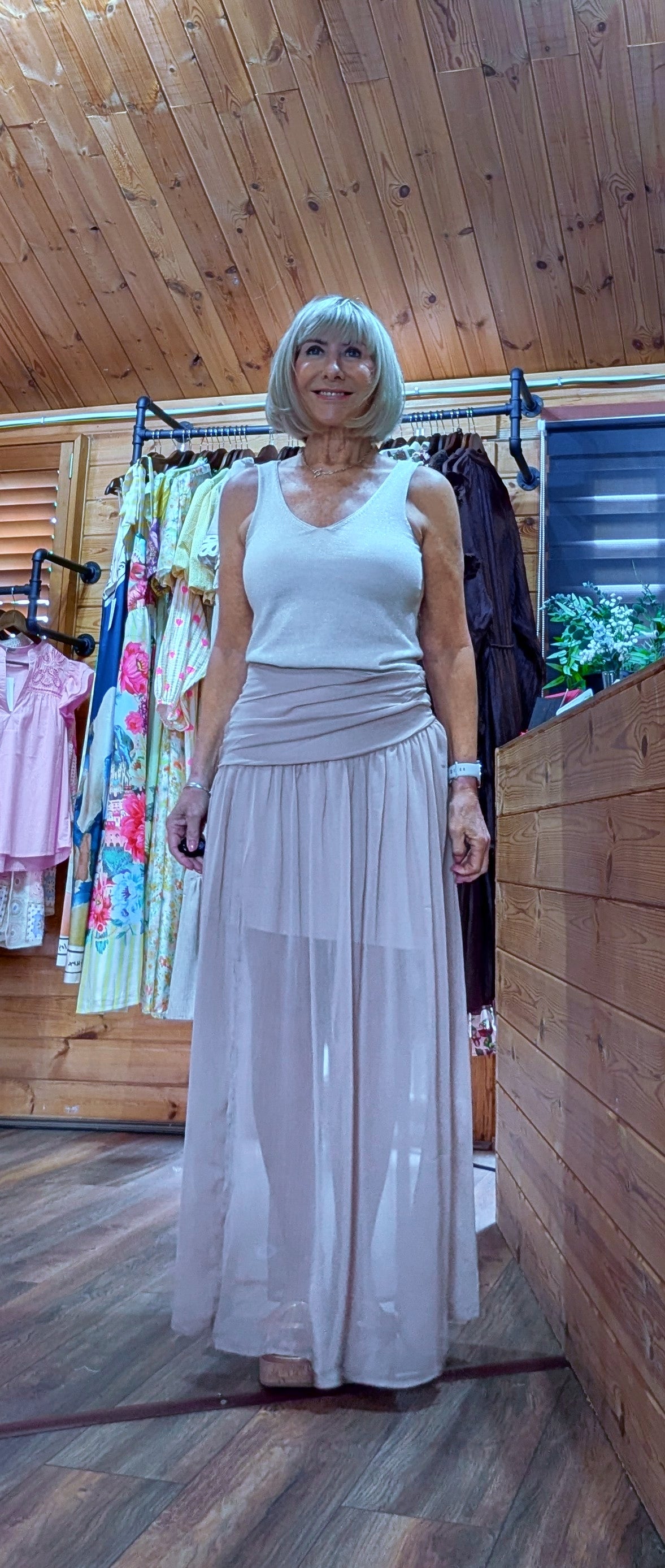 Floaty taupe maxi skirt with front split