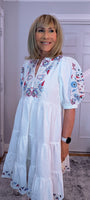 Bo Smocked Linen Cotton Dress – White with Pink & Blue Embroidery