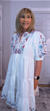 Bo Smocked Linen Cotton Dress – White with Pink & Blue Embroidery