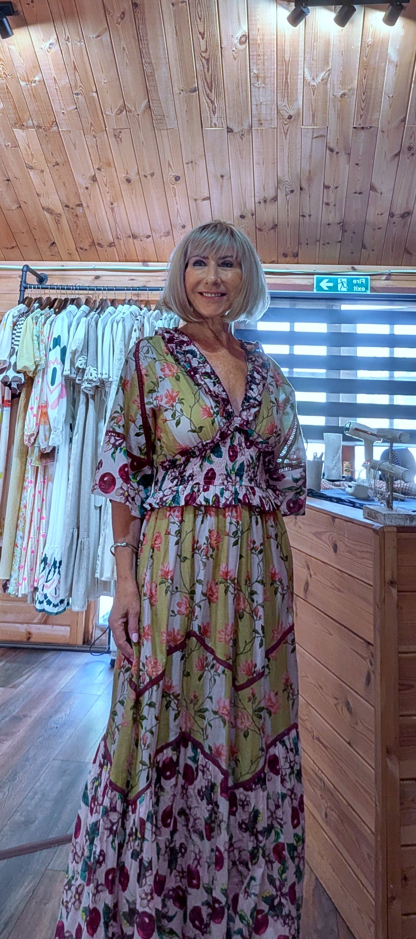 Close up Felicity Bohemian Maxi  Dress with shirred waist cottage core style 
