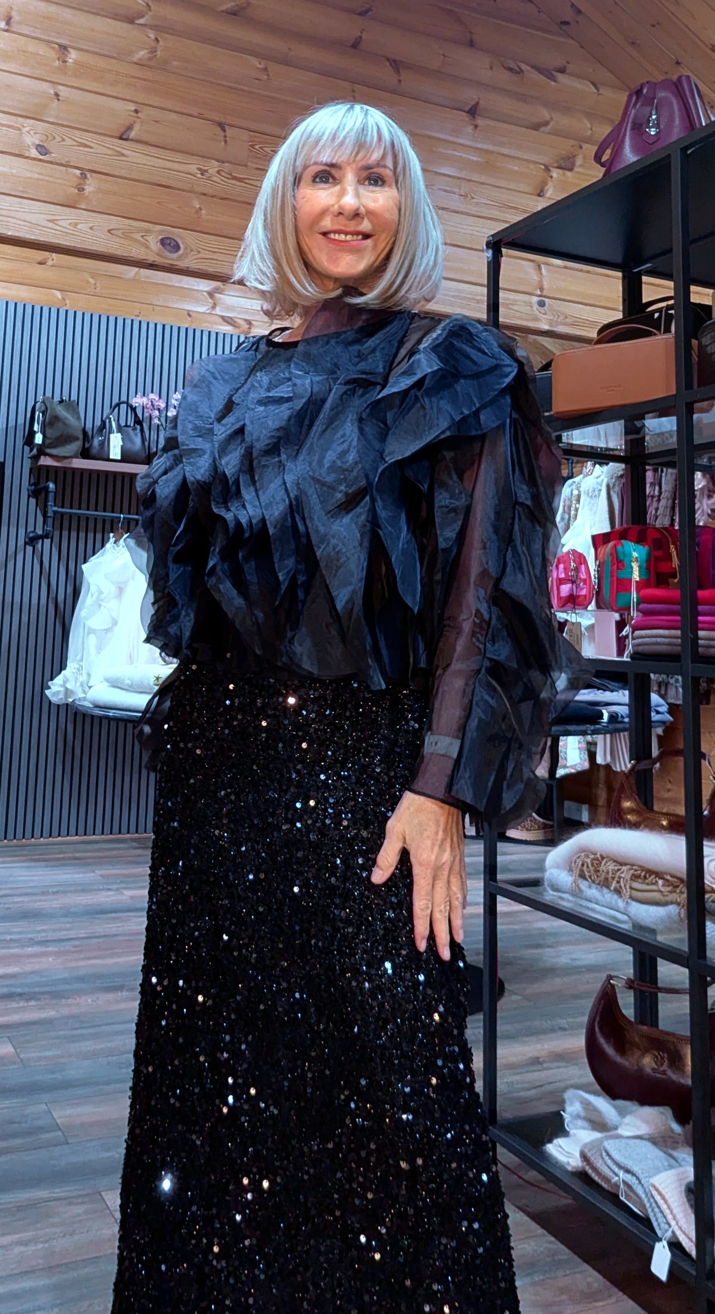 Prunella Black Ruffle Blouse – Tie Neck -Balloon Sleeves