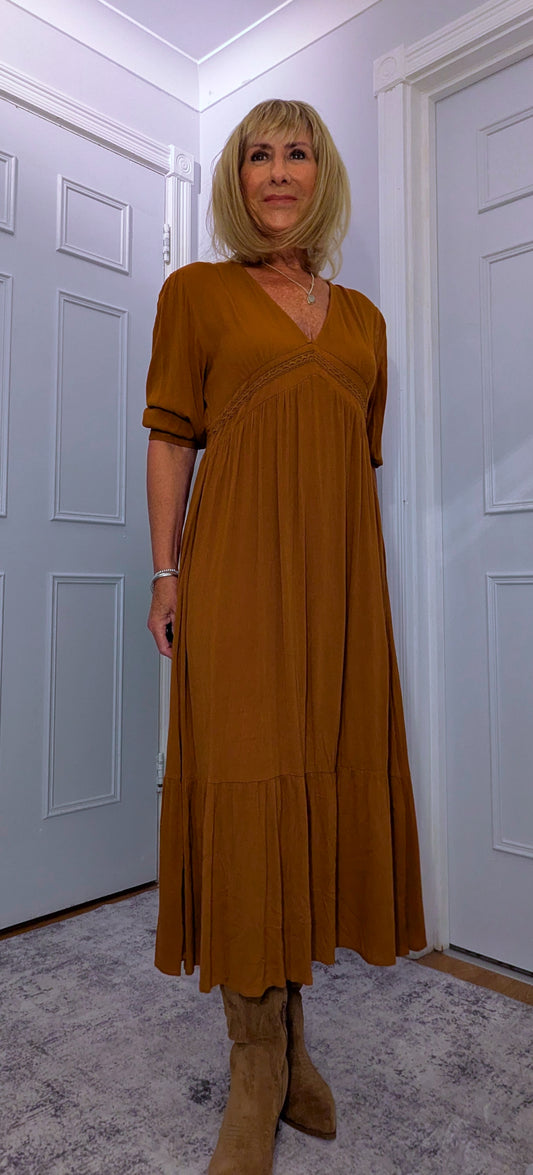 Paloma Prairie Smock Dress In Rust  Cotton with Embroidery