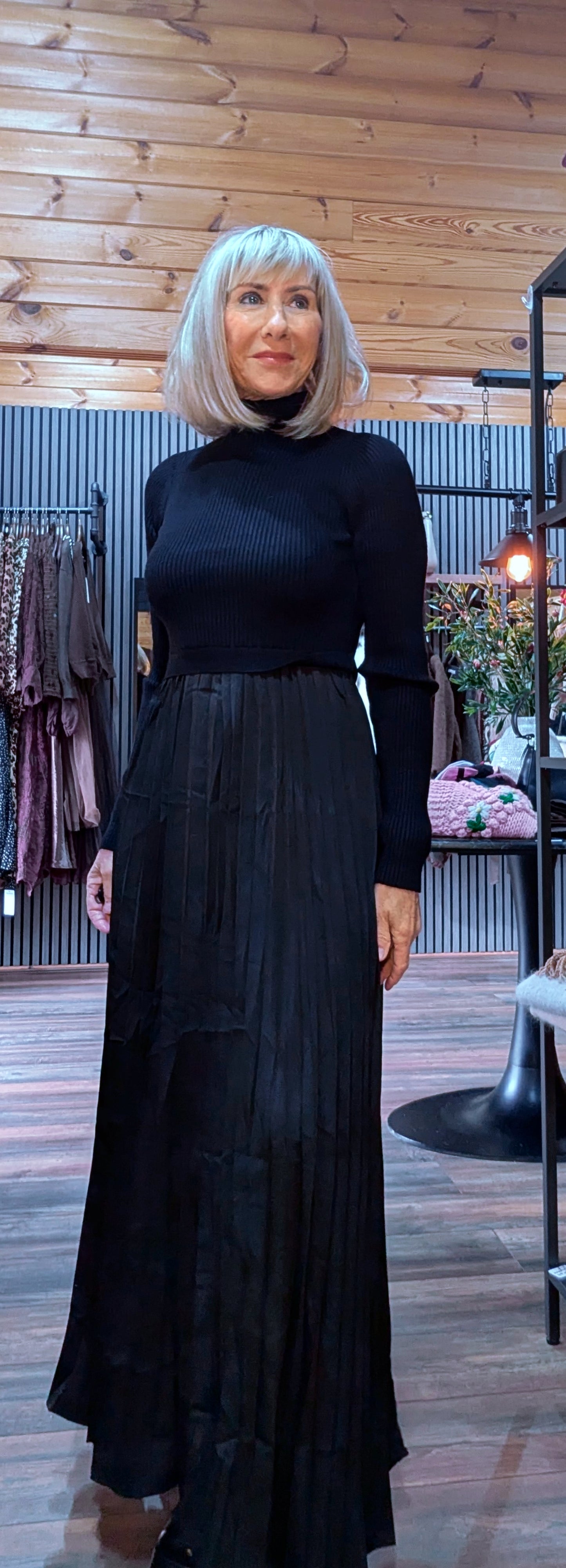 Haley Sweater Dress – High Neck with Pleated Maxi Skirt in Coffee or Black