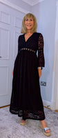 Pearl Lace Dress – Black Boho Style with Pagoda Sleeves & V-Neckline