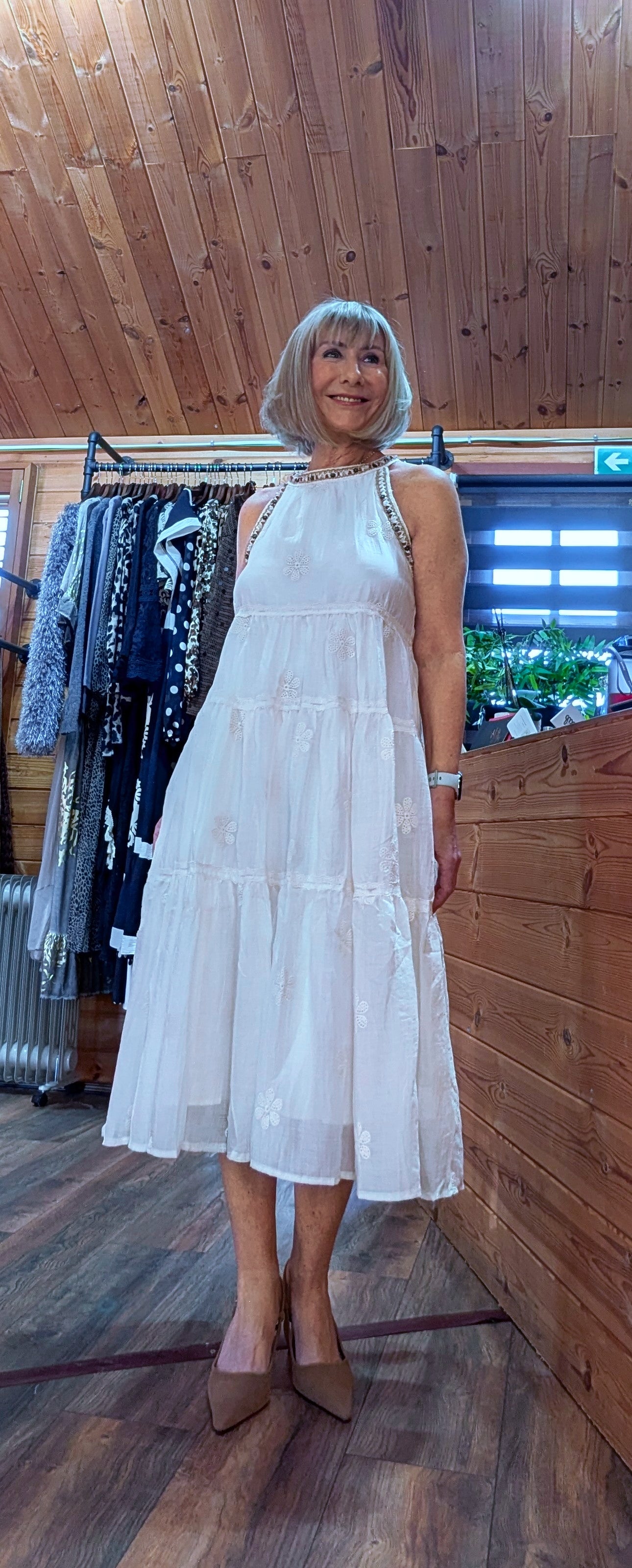 Kiki Ivory Midi Silk and Cotton Sleeveless  Dress