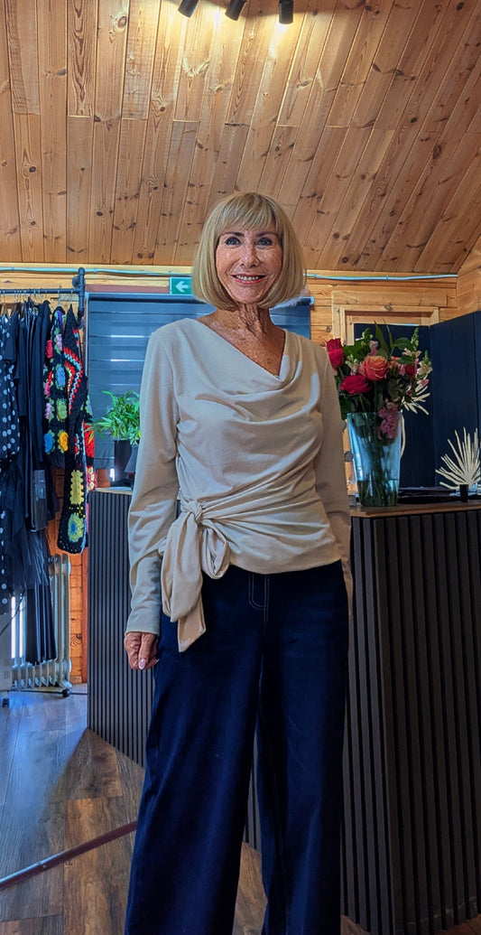 Freya beige draped side-tie top with long sleeves