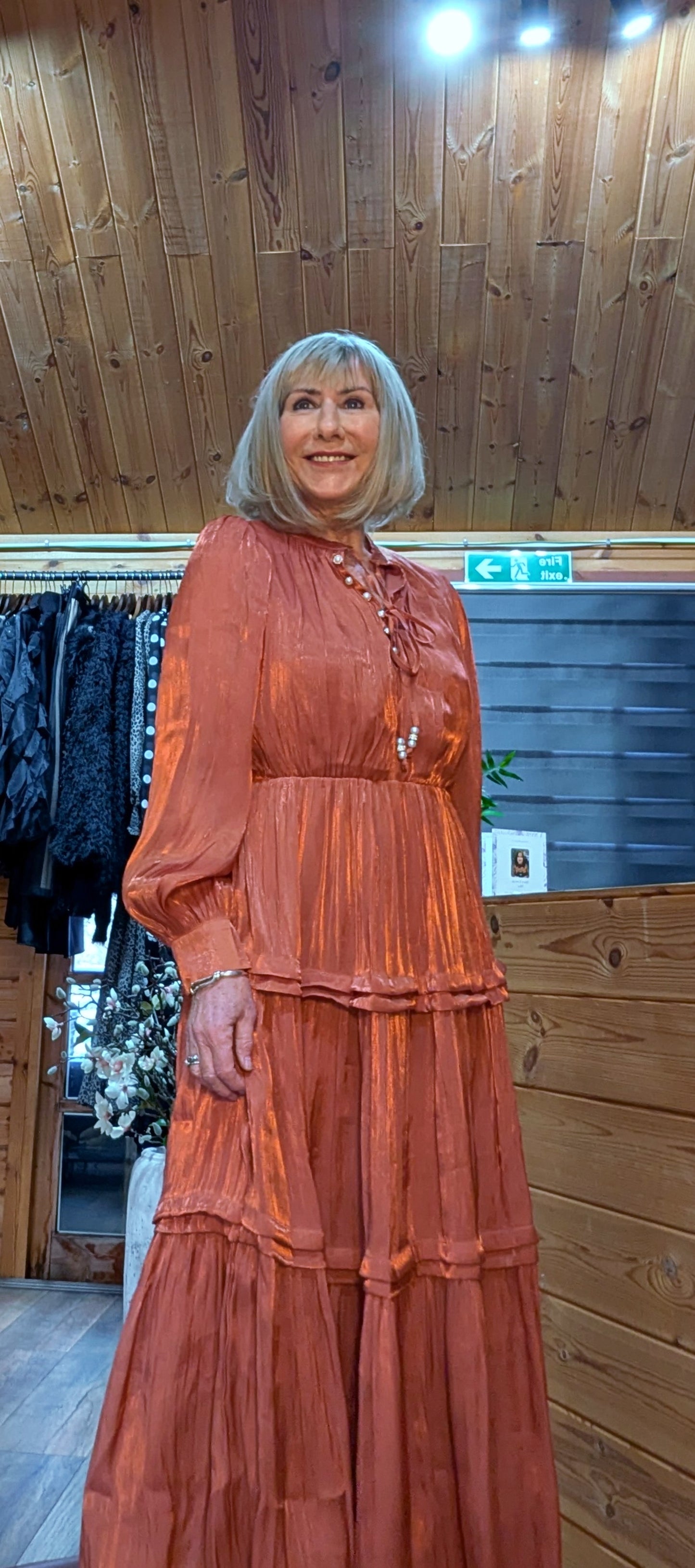 Cammie Rust Midi Dress – High Neck with gold opal buttons