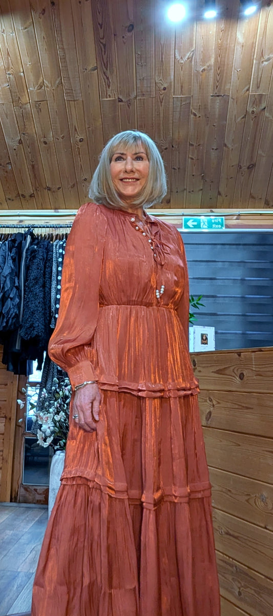 Cammie Rust Midi Dress – High Neck with gold opal buttons
