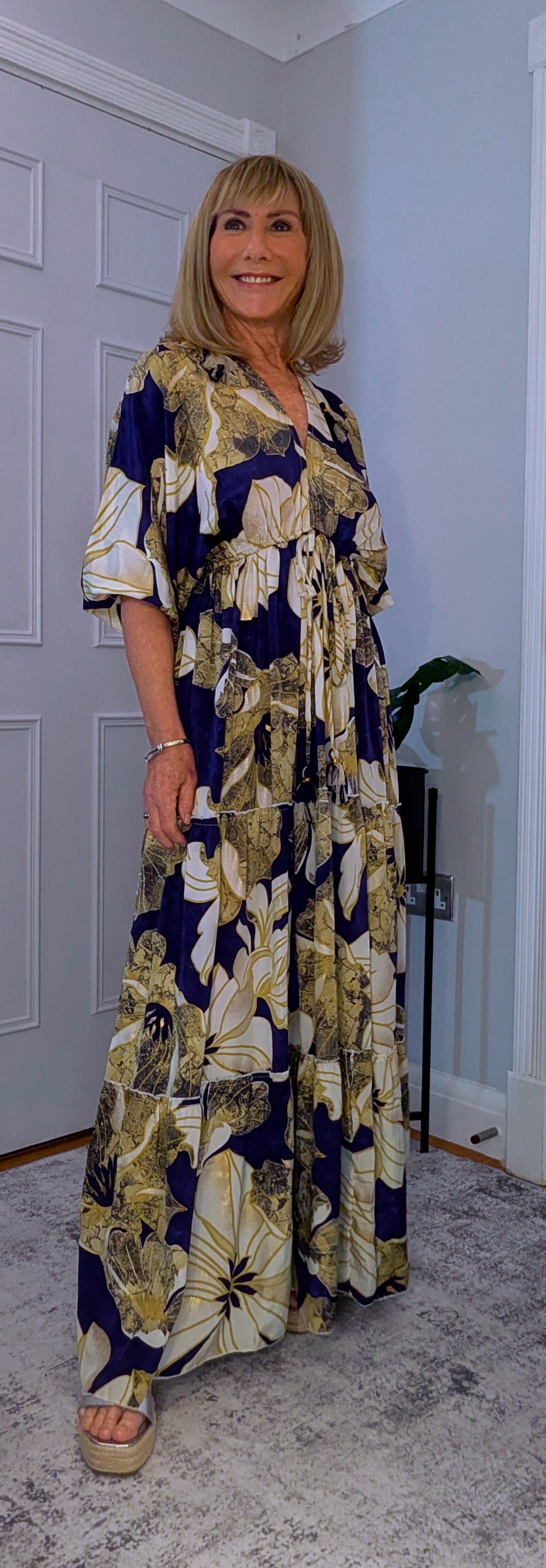 Elodie Bohemian Silk Maxi Dress With Side Pockets and Tassels