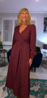 Dulcie Ditsy Floral Midi Dress – Maroon & Purple Silky Wrap