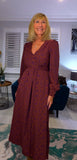 Dulcie Ditsy Floral Midi Dress – Maroon & Purple Silky Wrap