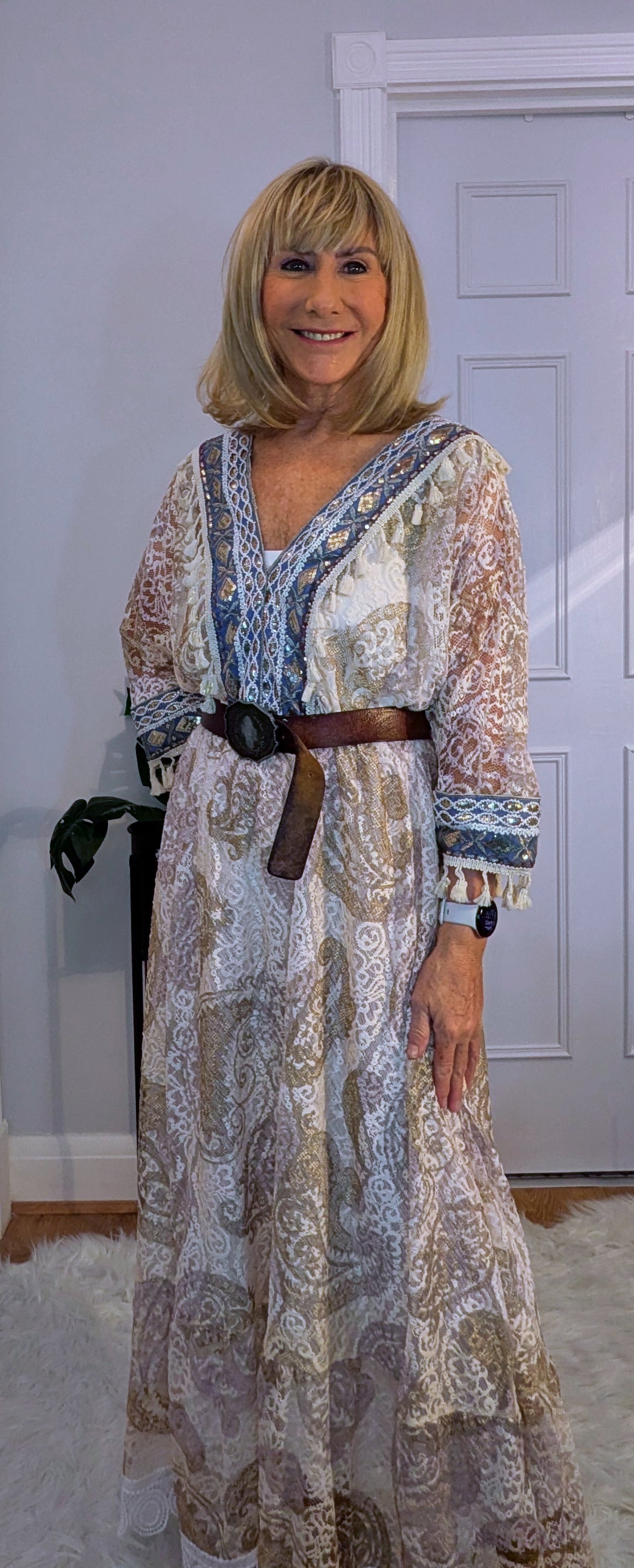 Lucy  Lace Bohemian Maxi Dress in Soft Beige with Navy Embroidery