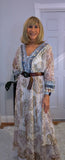 Lucy – Lace Bohemian Maxi Dress in Soft Beige with Navy Embroidery