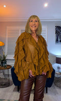 Edwina Frill Blouse – Caramel or Black V-Neck with Button Front