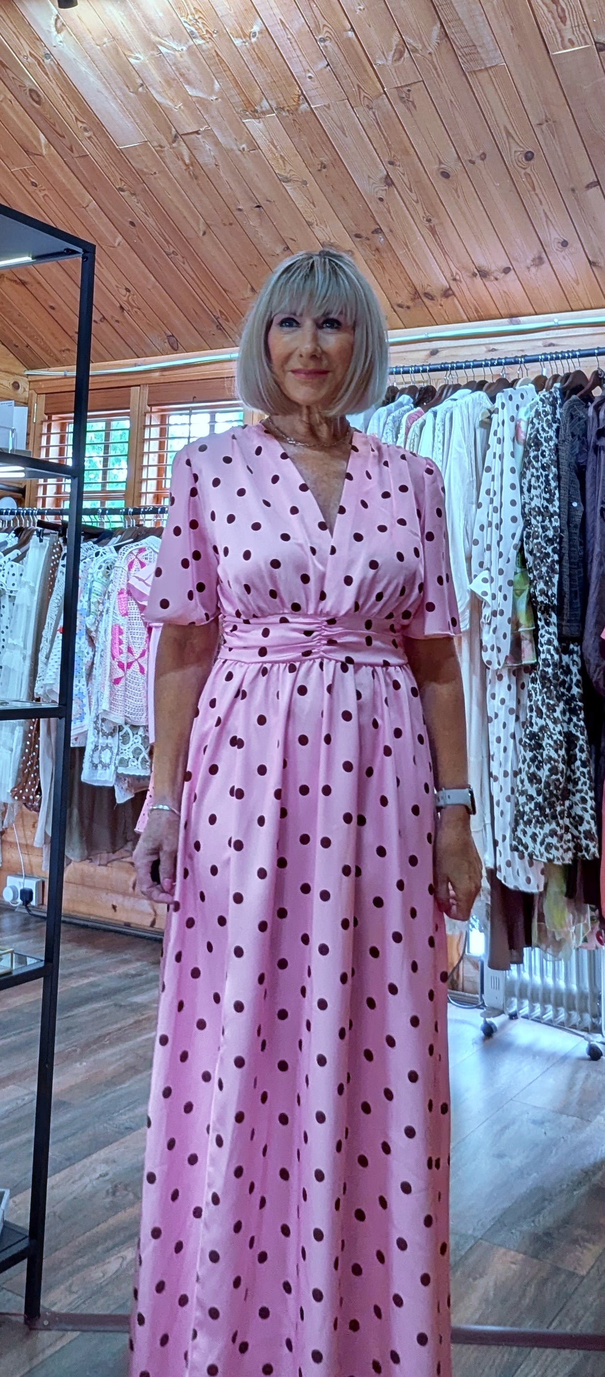 Pink polka dot summer evening dress