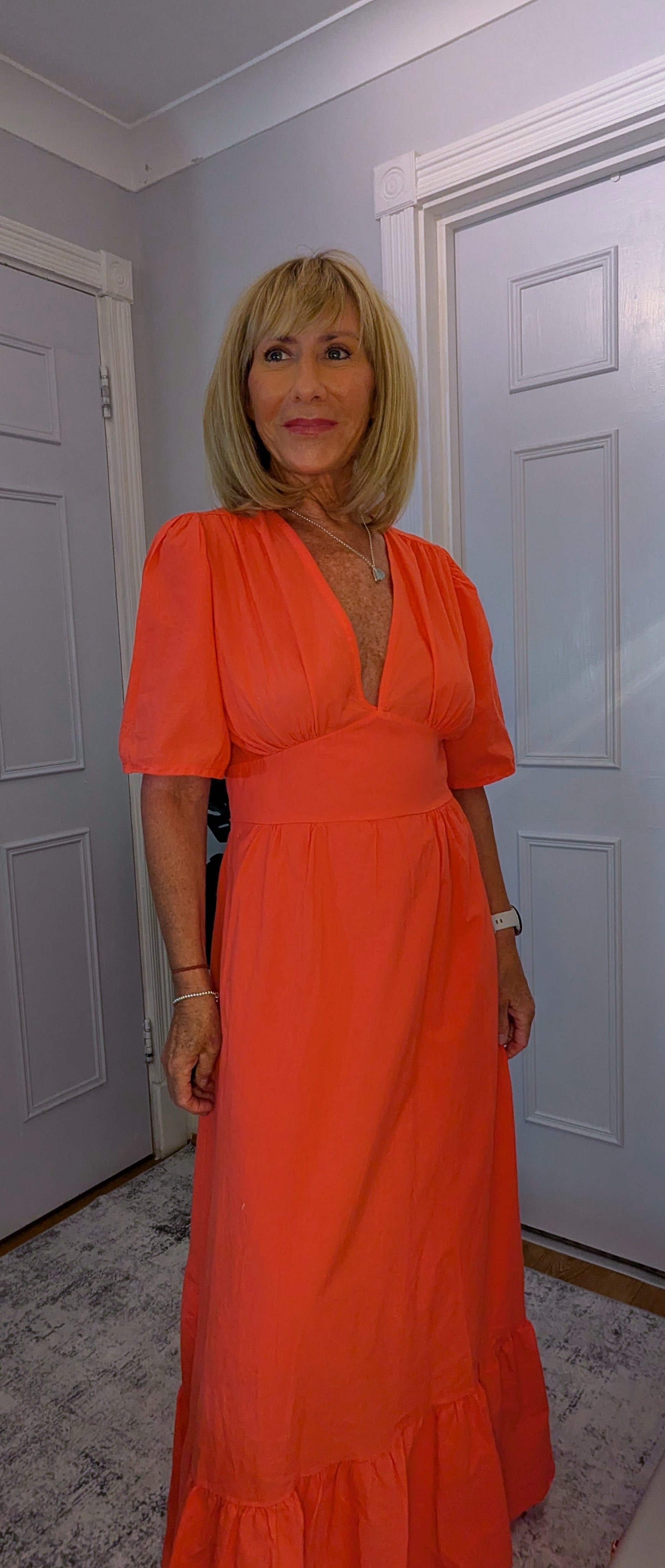 Claire Cotton Boho Dress  with Tie Back Midi in Coral 