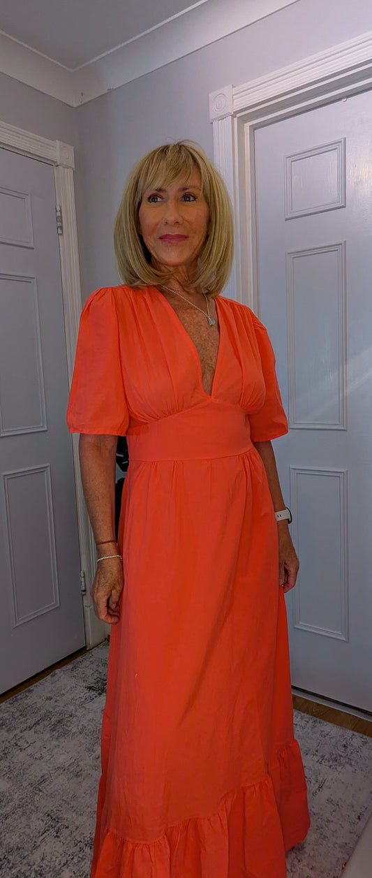 Claire Cotton Boho Dress  with Tie Back Midi in Coral 