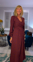Dulcie Ditsy Floral Midi Dress – Maroon & Purple Silky Wrap