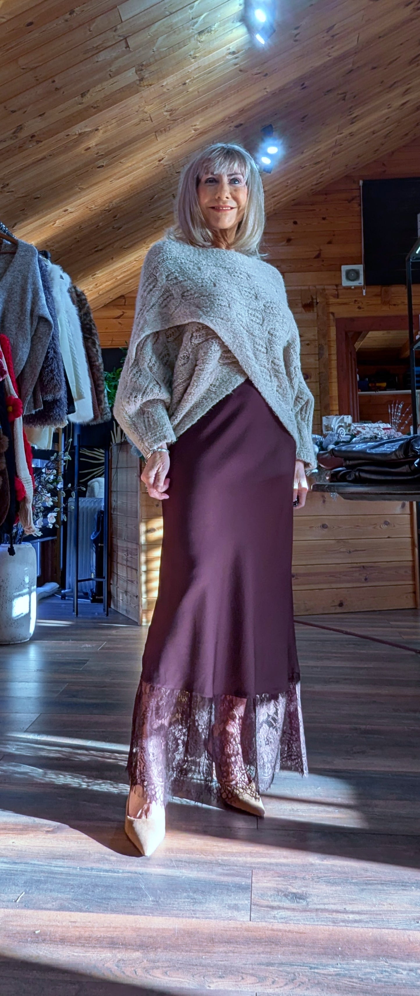 Lumine Chocolate Satin Slip Skirt – Lace Frill Hem