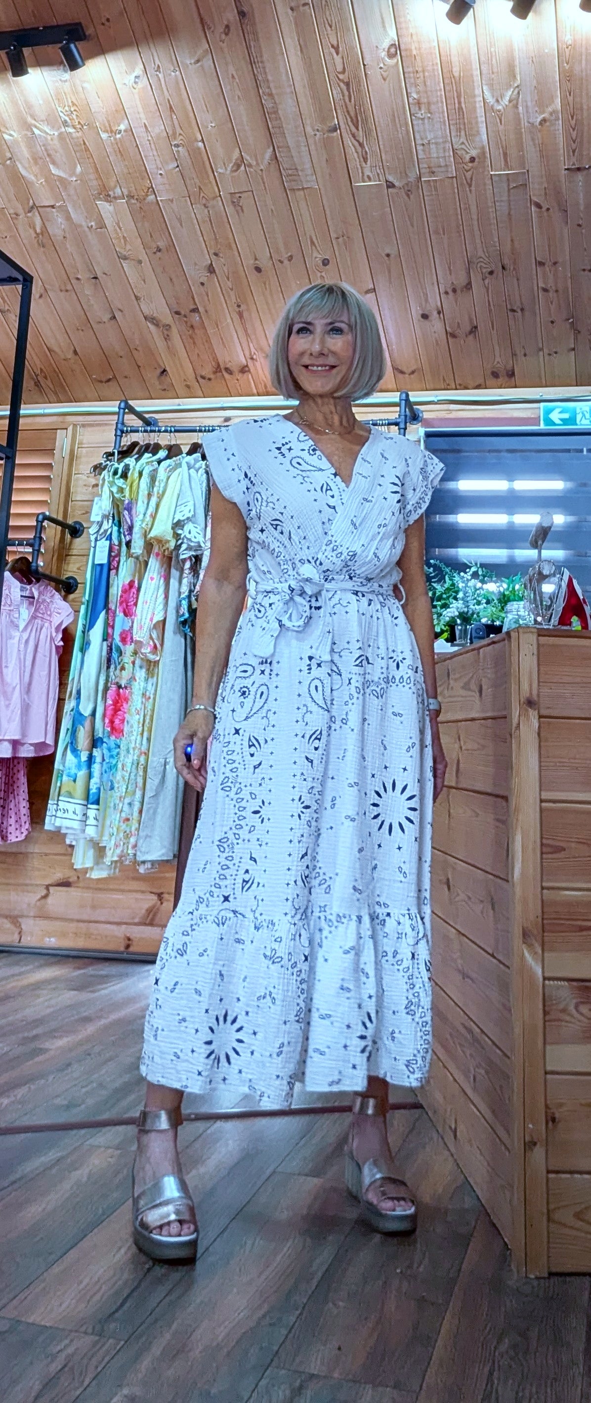 Anita white cotton maxi dress with black print detail