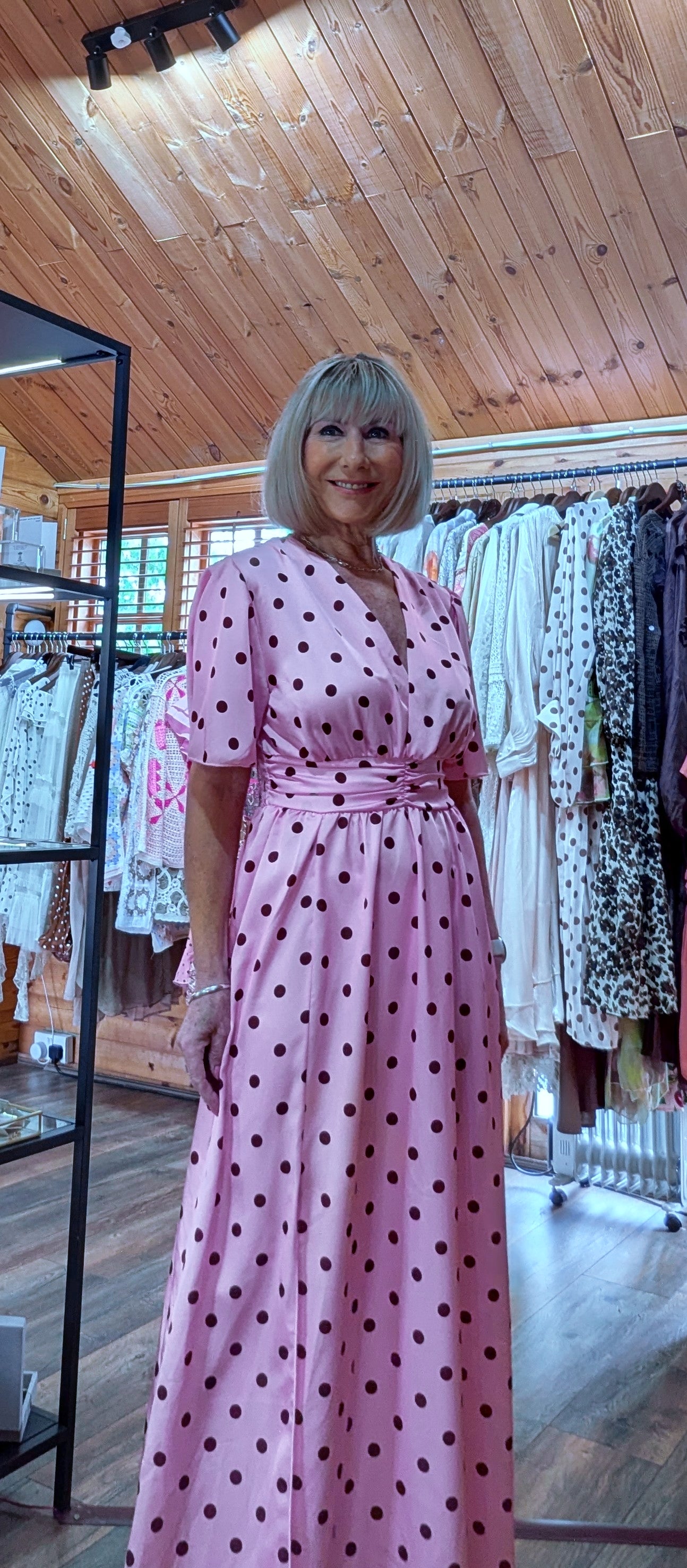 Polka dot wedding guest dress for summer occasions close up 