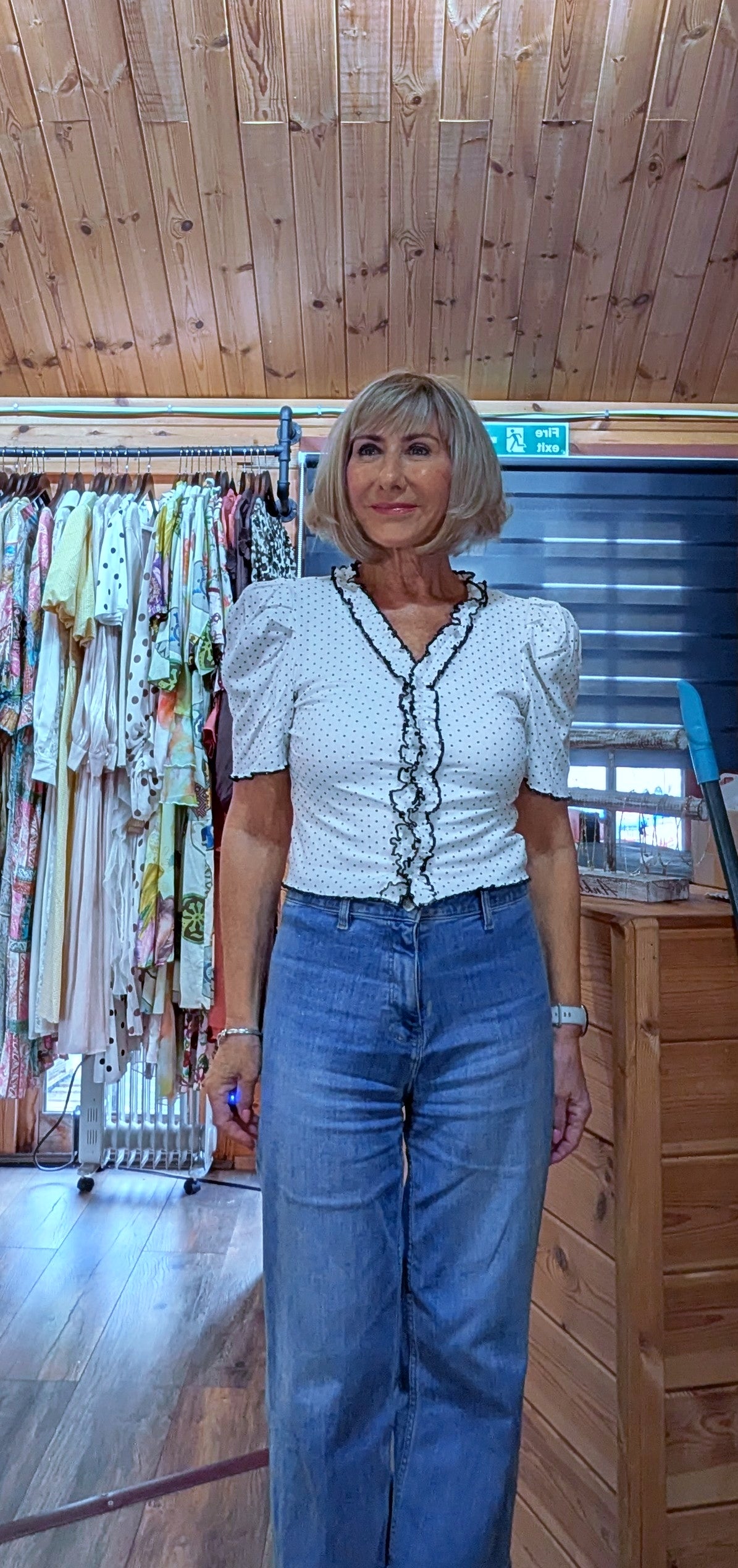 ditsydi wearing the Tatum white cotton polka dot blouse with shoulder pads close up