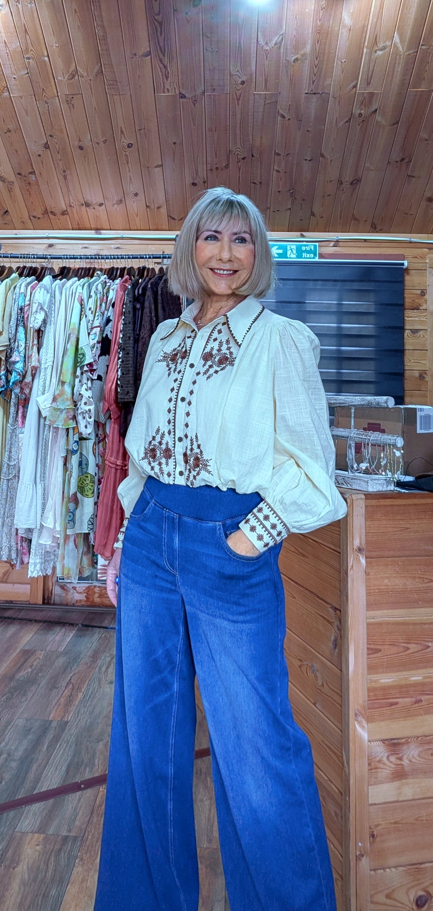 Cream and brown embroidered shirt for women